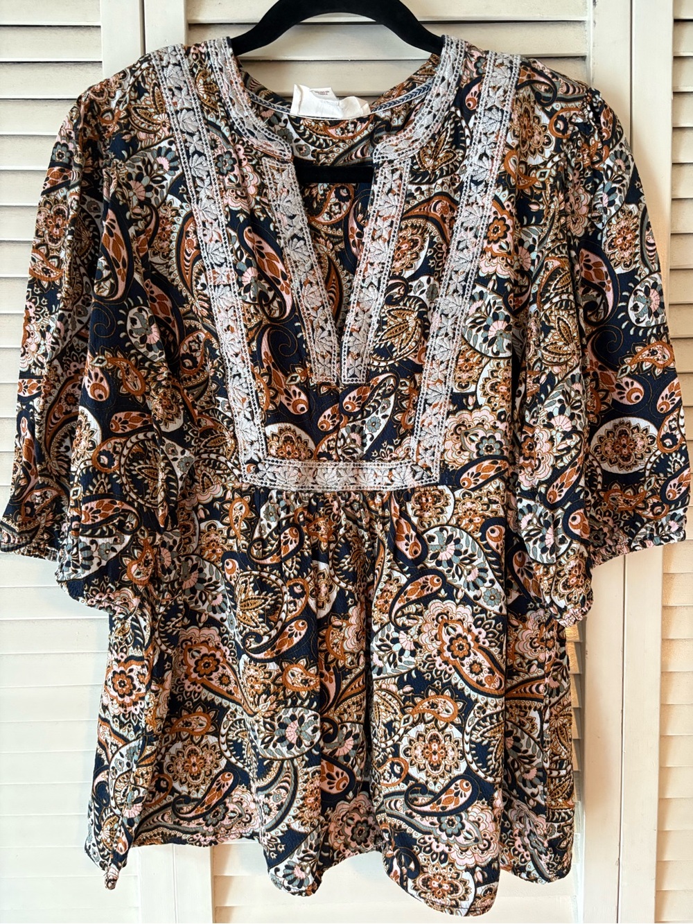 Nurture by Westbound Navy, Tan & Cream Paisley Long Sleeve Peasant Top